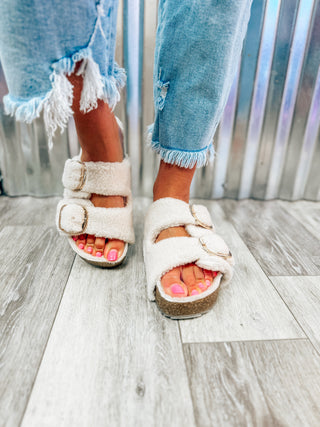 Mia Natural Shearling Buckle Platform Slide Sandals