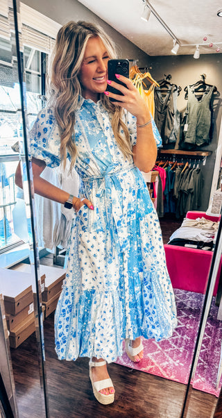 Blue and White Cotton Patchwork Midi Dress