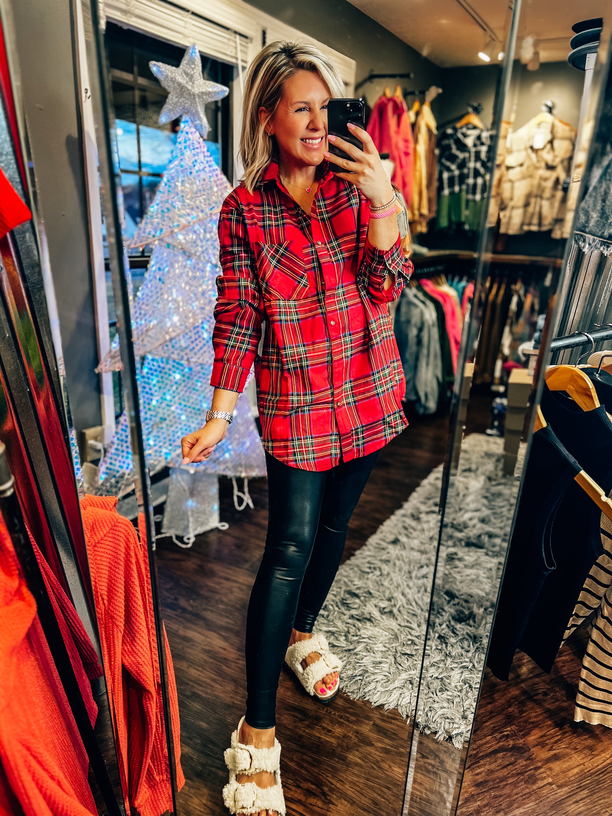 Ultimate Christmas Red Ribbon Plaid Button Down