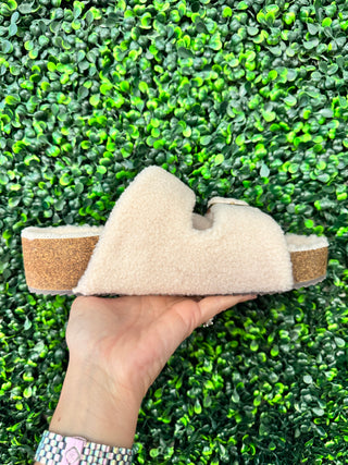 Mia Natural Shearling Buckle Platform Slide Sandals