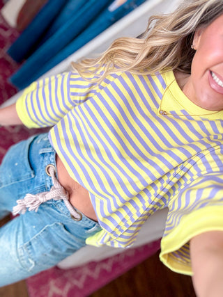 Oversized Stripe Casual Knit Top-Lavender/Lemon