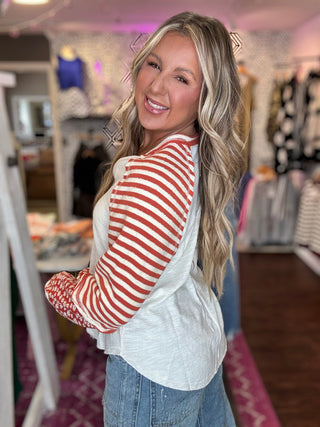 Oversized Floral & Stripe Casual Knit Top - Cream
