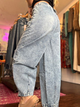 Washed Denim Barrel Leg Pants