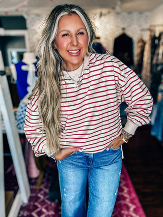 Stripe Comfy Casual Oversized Knit Top-Beige/Brick