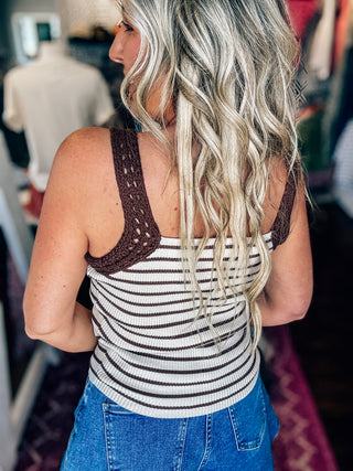 Turn Up The Charm Crochet Sleeve Striped Knit Tank Top-Chocolate