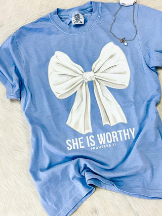 She Is Worthy Bow Comfort Colors Tee