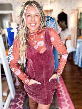 Uptown Chic Corduroy Overall Mini Dress - Raspberry