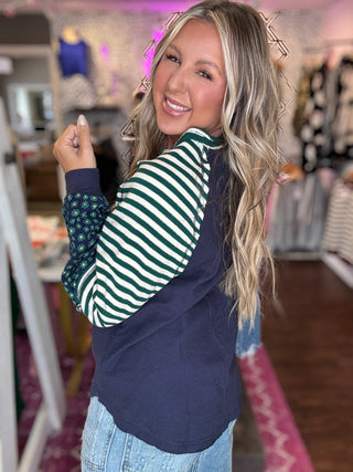 Oversized Floral & Stripe Casual Knit Top - Hunter Green