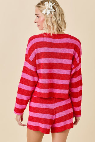 Indulge In Comfort Pink/Red Stripe Knit Top And Shorts Set