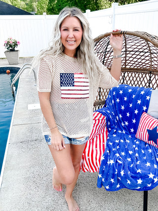 Sequin American Flag Oatmeal Knit Sweater