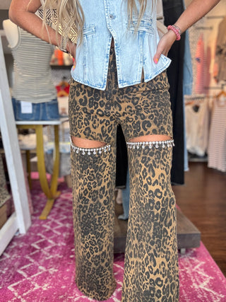Here To Shine Leopard Rhinestone Slit Wide Leg Jeans