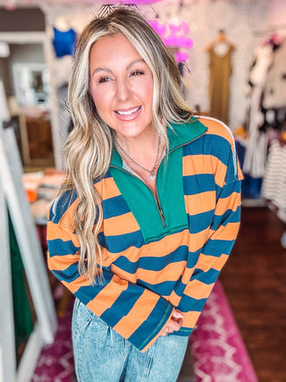 Striped Quarter Zip Collar Sweatshirt - Navy/Camel
