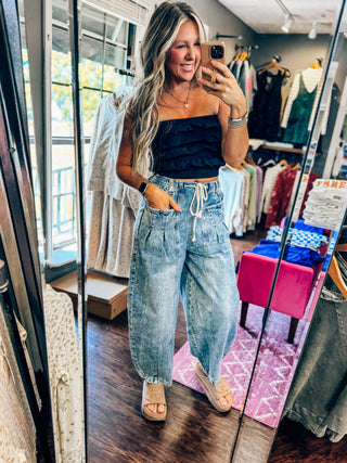 Washed Denim Barrel Leg Pants