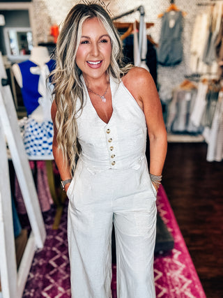 Here For It Wide-Leg Linen Halter Vest Jumpsuit - Oatmeal