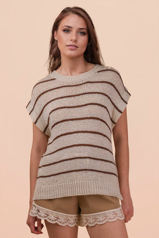 Striped Knit Sweater Vest Top-Natural