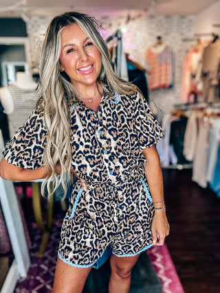 Embrace Your Wild Side Blue Trimmed Leopard Romper