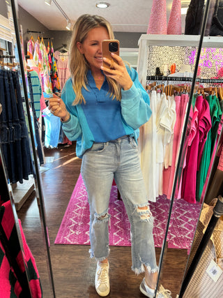 Vibrant Blue Colorblock Oversized Thermal Top