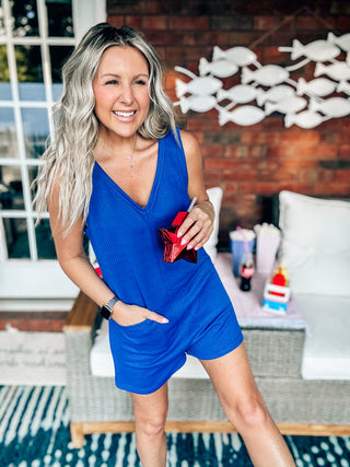 Easy Going Blue Textured Overall Romper