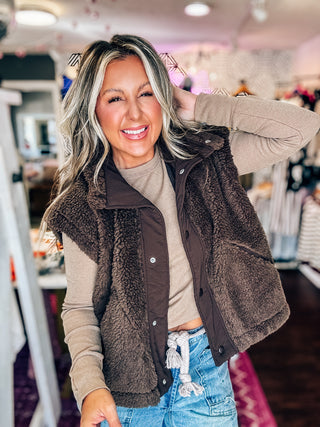 Cozy Mock Neck Sherpa Vest Jacket - Brown