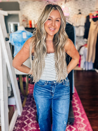 Striped Grey/White Button Down Fitted Knit Tank Top