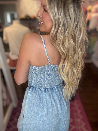 Washed Sky Smocked Jumpsuit