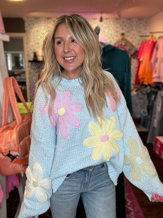 Sweet Daisy Blue Floral Knit Sweater