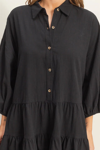Tiered Button-Up Shirt Dress-Black