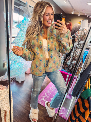 Oversized Floral Printed Fleece Sherpa Jacket-Mocha