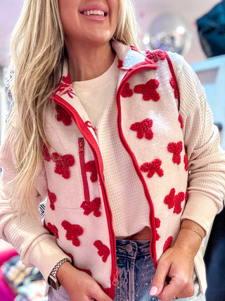 Red Textured Bow Printed Vest