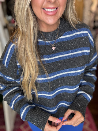 Striped Crew Neck Cozy Sweater -Charcoal