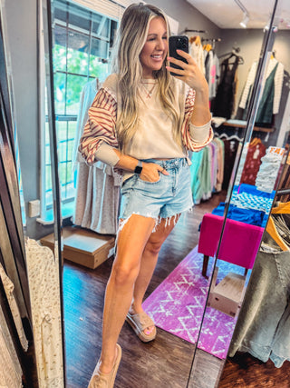 Oversized Striped Sleeve Casual Knit Top-Tan