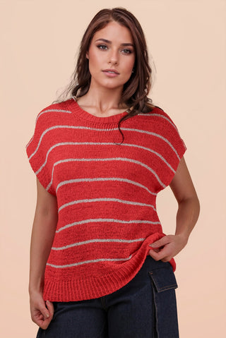Striped Knit Sweater Vest Top-Red