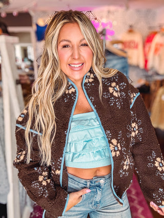 Oversized Floral Printed Fleece Sherpa Jacket-Chocolate