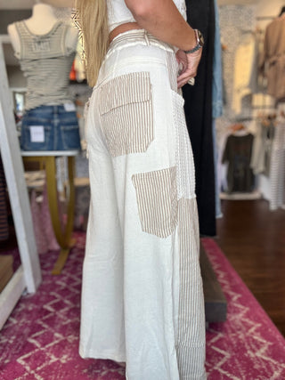 POL Mix n Match Woven Striped Print and Thermal Knit Pants in Sand Stripe