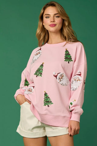 Pink Sequin Santa & Christmas Tree Pullover