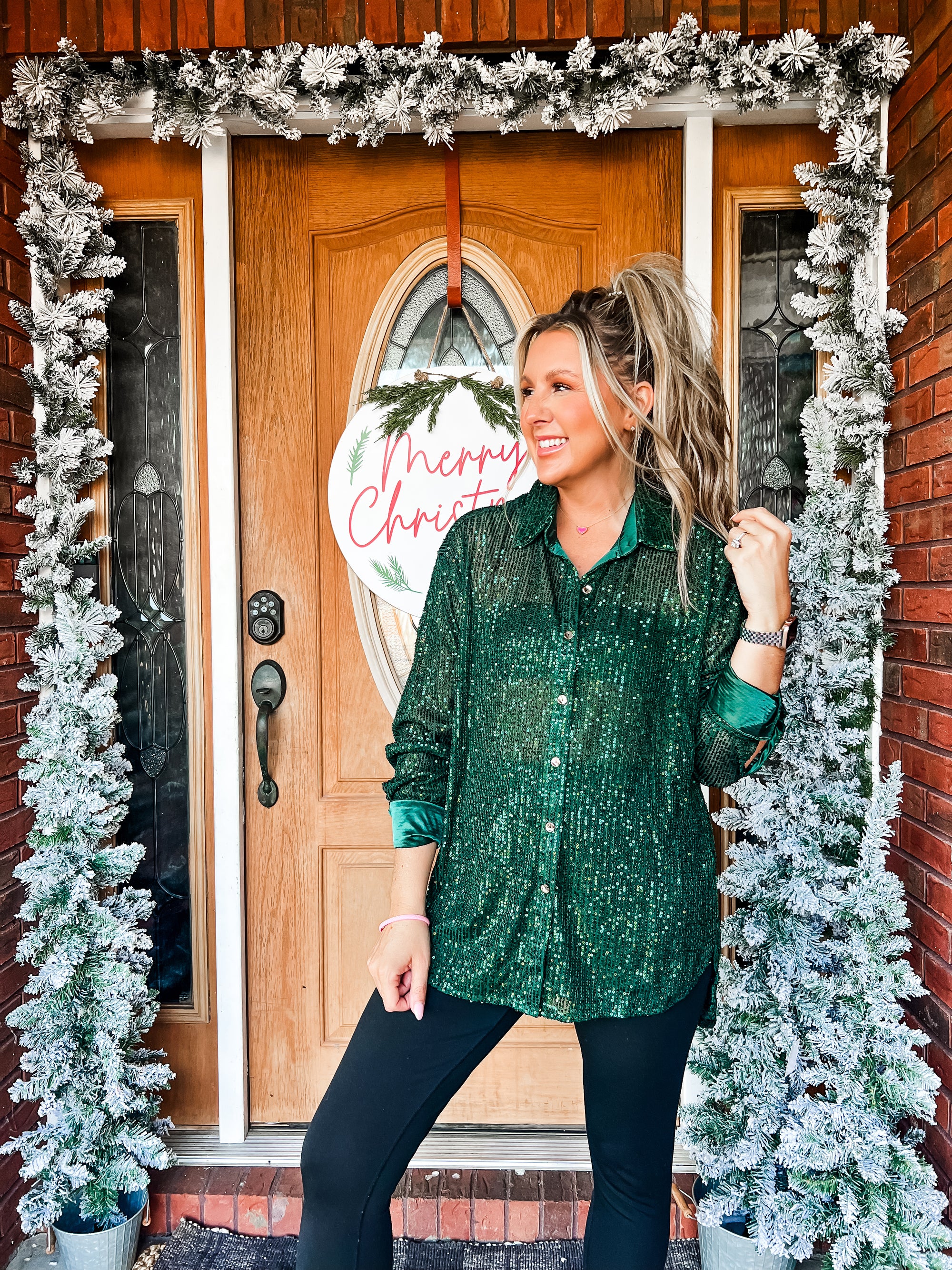 All Sparkles Hunter Green Sequin Button Down