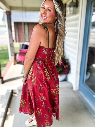 Wedding Guest Wine Floral Midi Dress