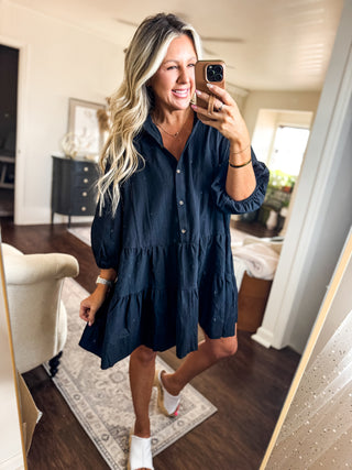 Tiered Button-Up Shirt Dress-Black
