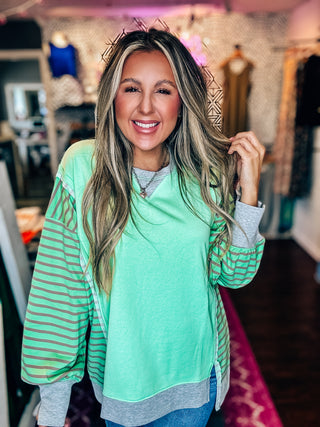 Oversized Striped Sleeve Casual Knit Top-Mint