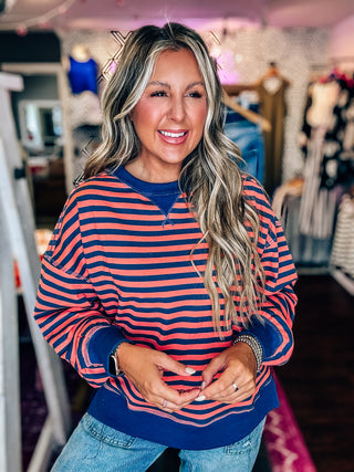 Stripe Comfy Casual Oversized Knit Top-Coral Navy