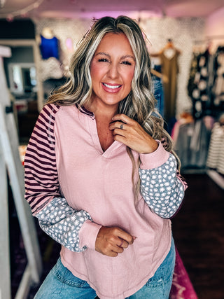 Oversized Floral & Stripe Casual Knit Top - Blush