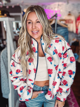 Oversized Floral Printed Fleece Sherpa Jacket-Ivory