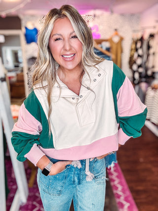 Color Block Snap Button Pullover- Green/Pink