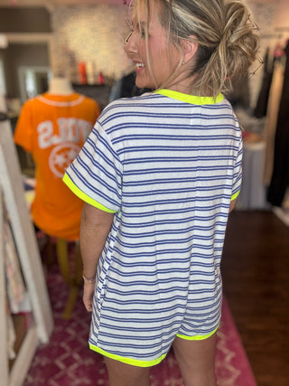 Meet Me By The Pool Royal Blue Neon Yellow Romper