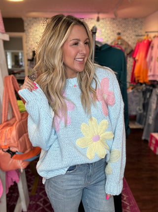 Sweet Daisy Blue Floral Knit Sweater