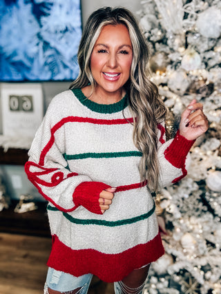 Oversized Knit Bow Detailed Sweater Ivory/Red/Green