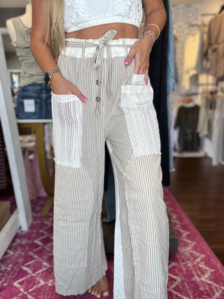 POL Mix n Match Woven Striped Print and Thermal Knit Pants in Sand Stripe