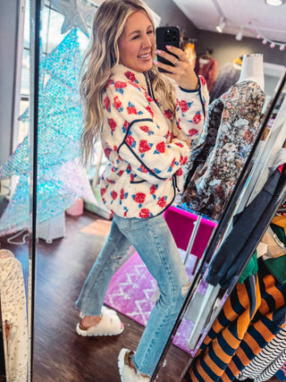 Oversized Floral Printed Fleece Sherpa Jacket-Ivory