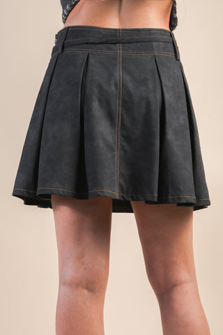 Vegan Leather Pleated Mini Skort -Black