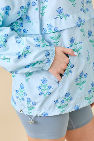 Light Blue Floral Half Zip Windbreaker Jacket